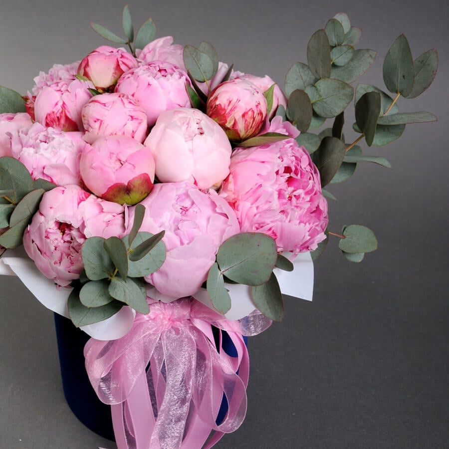 pink peonies and fragrant eucalyptus