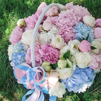 Basket of peonies and hydrangeas "Summer mood"